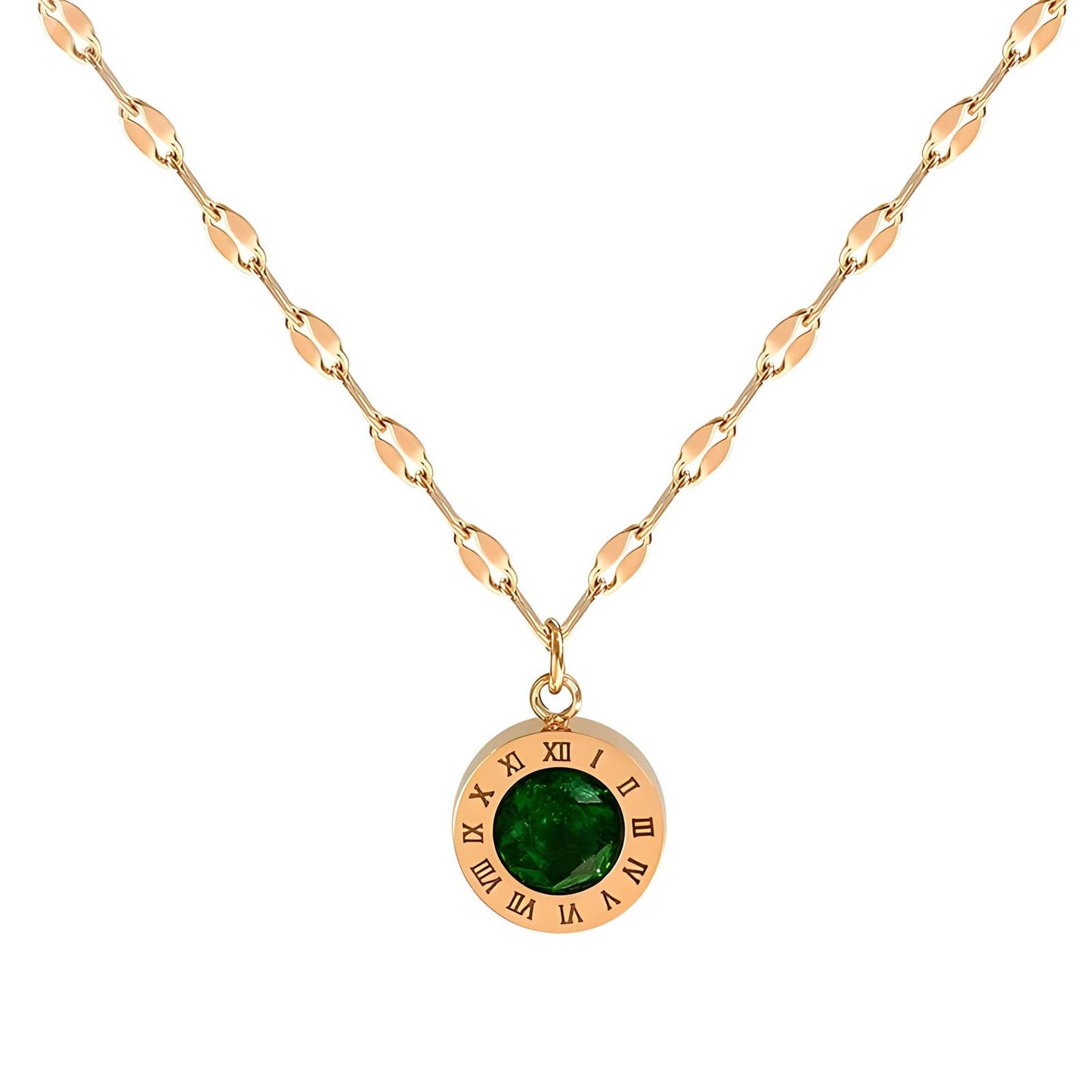 Anti Tarnish Waterproof Daily Wear 18K Gold Triple Plated Premium Quality Stainless Steel Green gemstone Round Pendant.