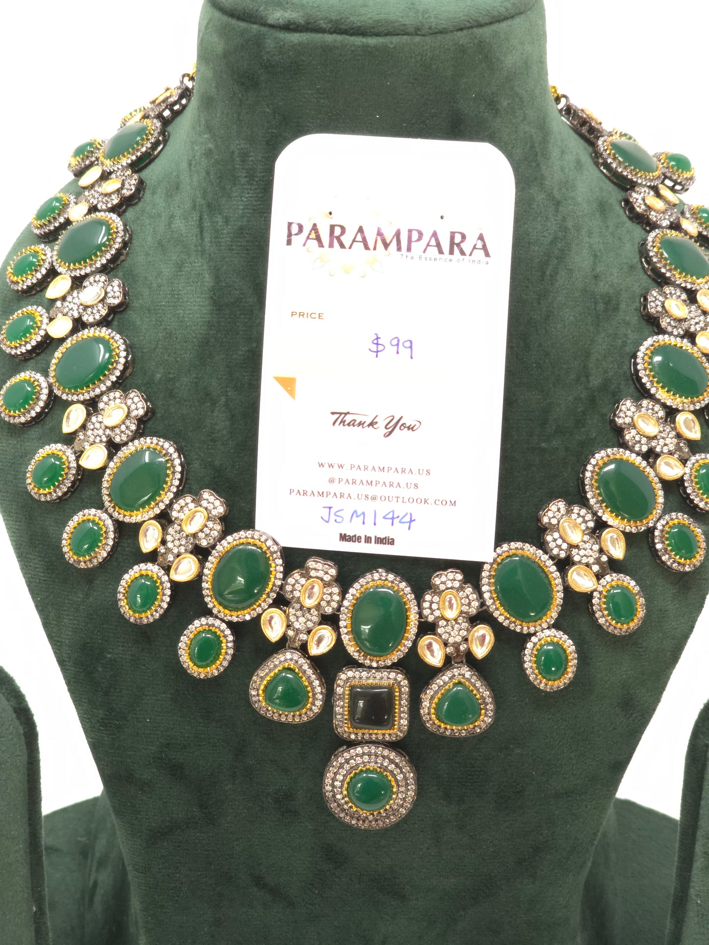 Emerald Statement Necklace Set (Necklace, Earrings, Maangtikka)