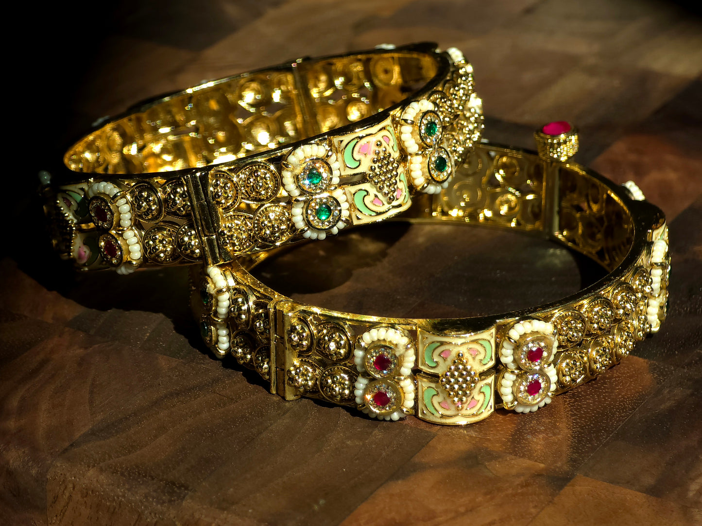 Golden Enamel Floral Kundan Bangles (Set of 2)