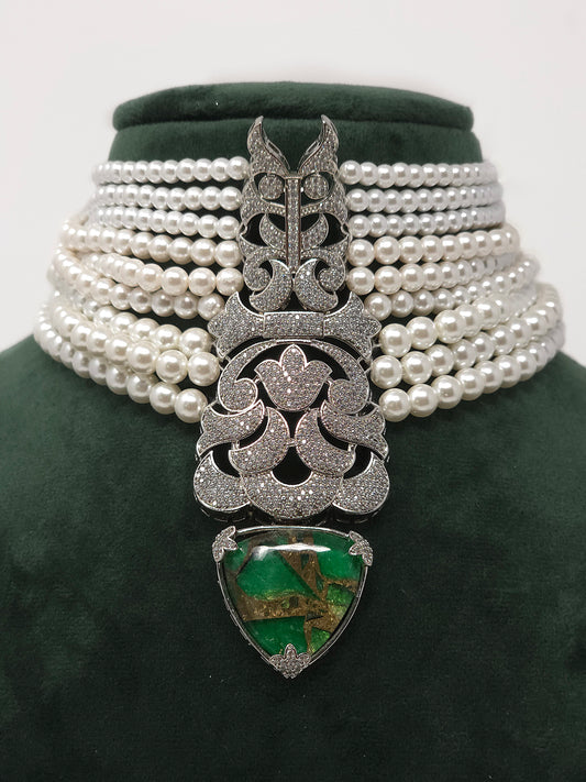 Statement Multi-Layer Pearl Choker Set with Green Mosaic Stone Pendant