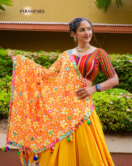 Traditional Elegance: Multicolor Chaniya Cholis with Sunny Yellow Base.
