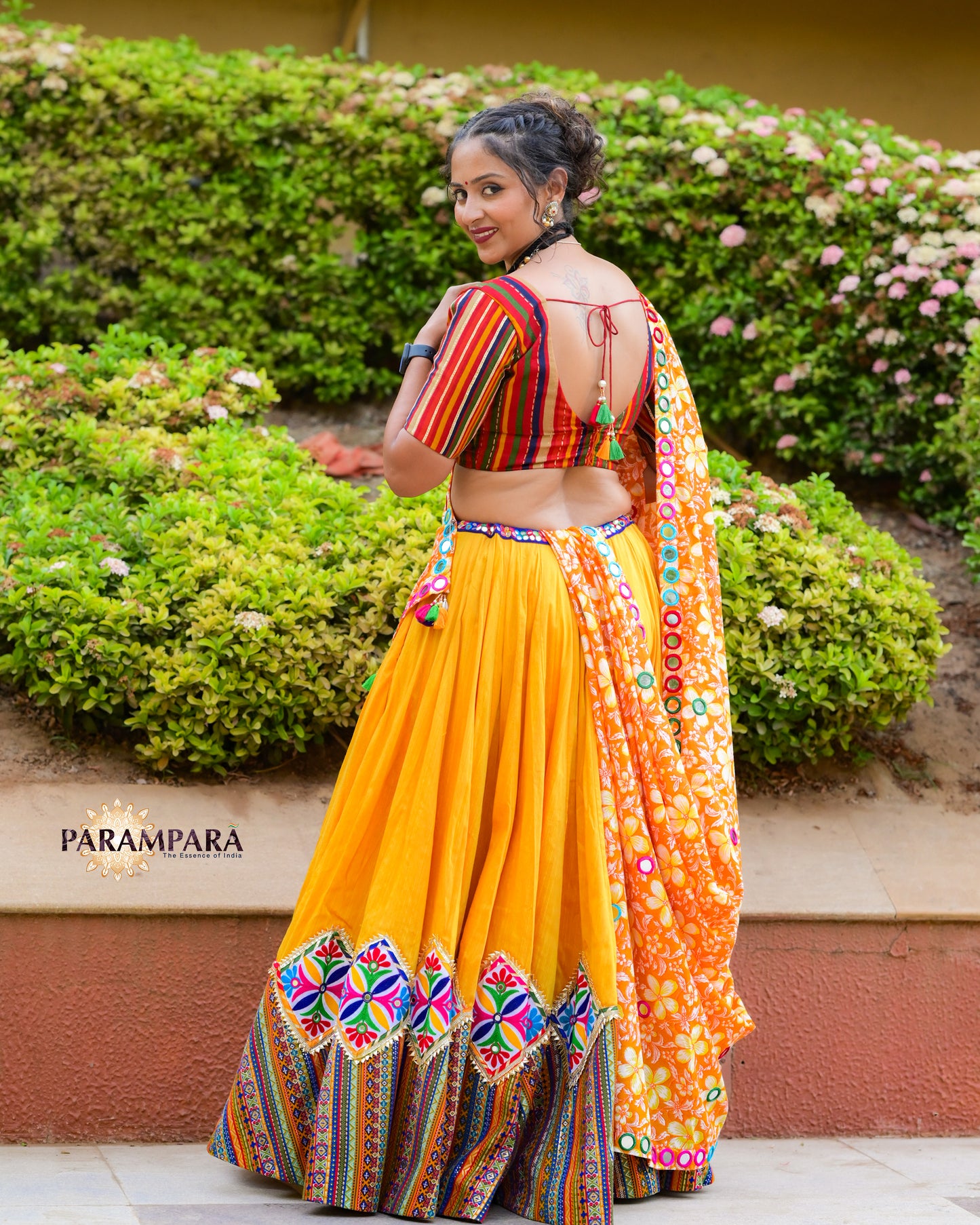 Traditional Elegance: Multicolor Chaniya Cholis with Sunny Yellow Base.