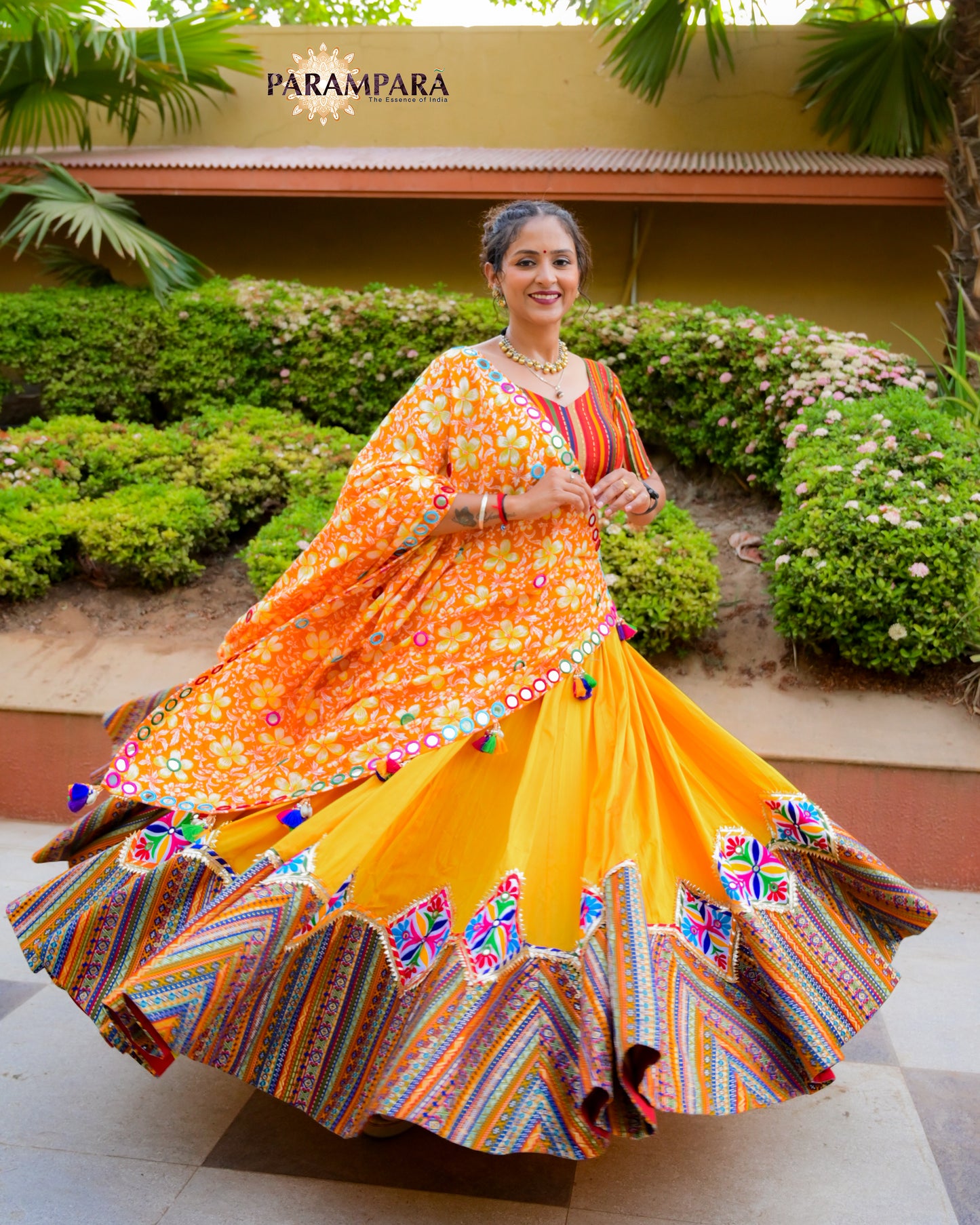 Traditional Elegance: Multicolor Chaniya Cholis with Sunny Yellow Base.