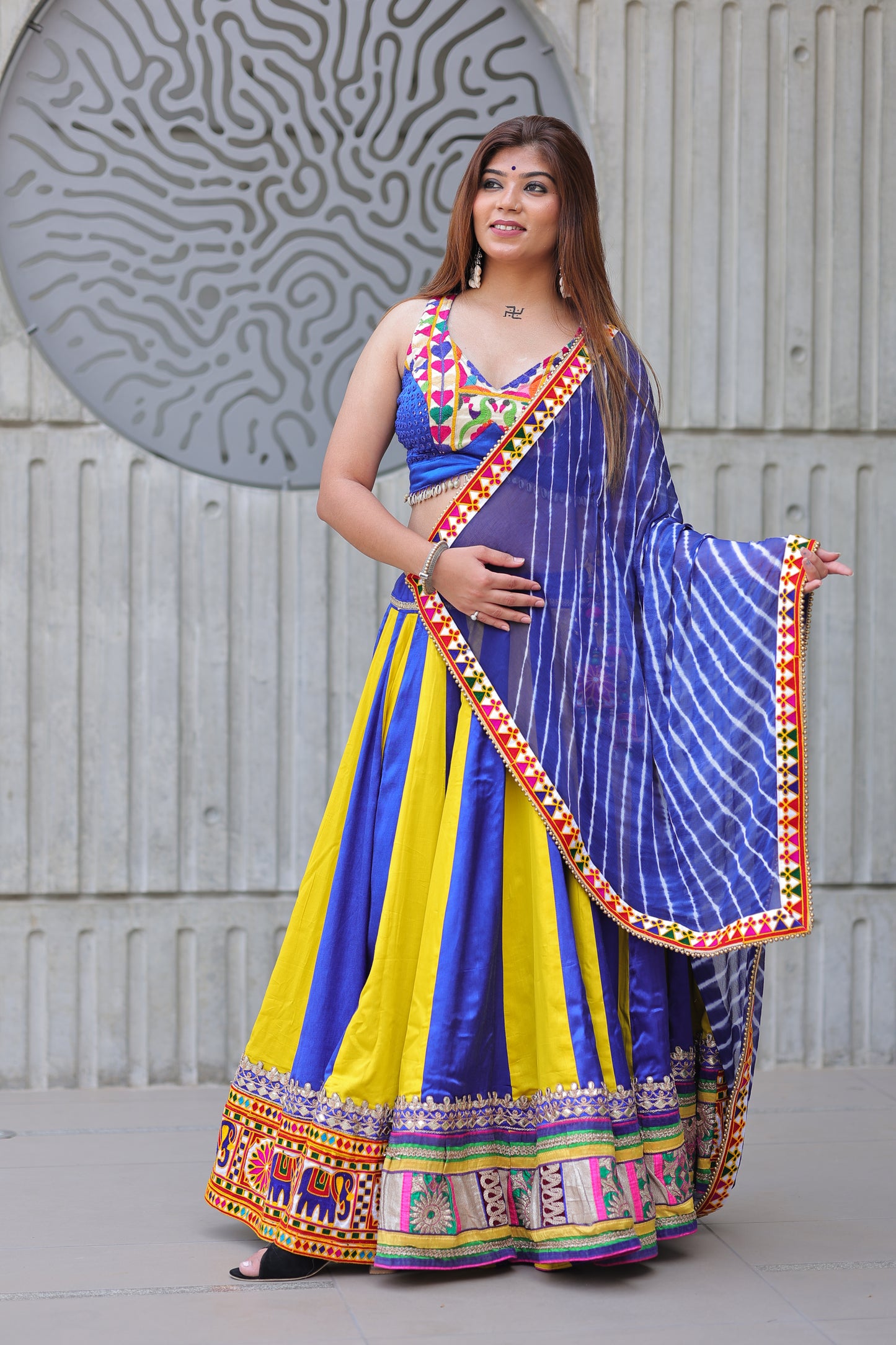 Best Beautiful Block printed, Authentic ,Traditional ,Navaratri Wear Chanyiya Cholic, Garba Wear , Yellow and blue color combination with blue printed Duppata