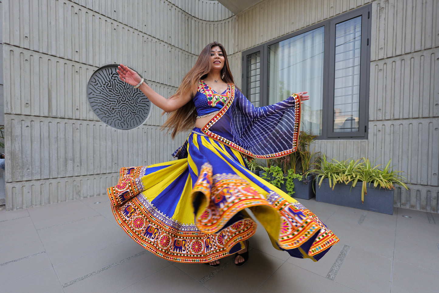 Best Beautiful Block printed, Authentic ,Traditional ,Navaratri Wear Chanyiya Cholic, Garba Wear , Yellow and blue color combination with blue printed Duppata