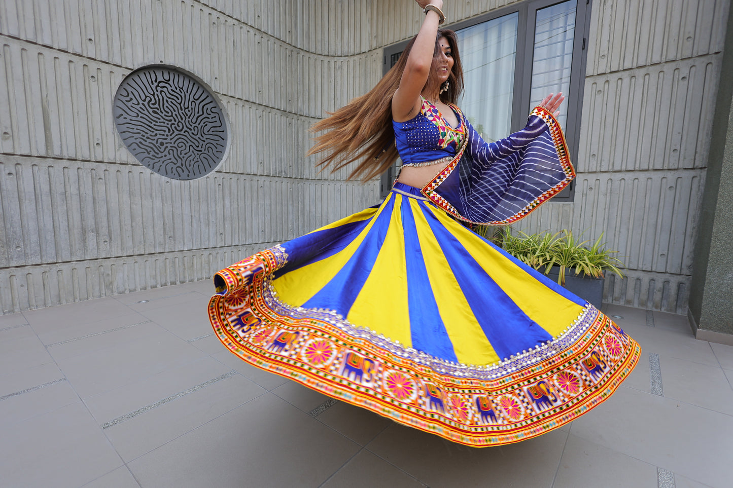 Best Beautiful Block printed, Authentic ,Traditional ,Navaratri Wear Chanyiya Cholic, Garba Wear , Yellow and blue color combination with blue printed Duppata