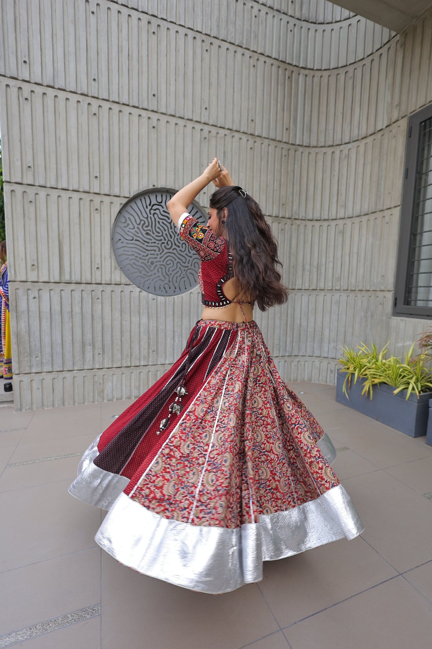 Best Beautiful Traditional, Chanyiya choli in red and maroon color with choli and lehenga in silver hemline
