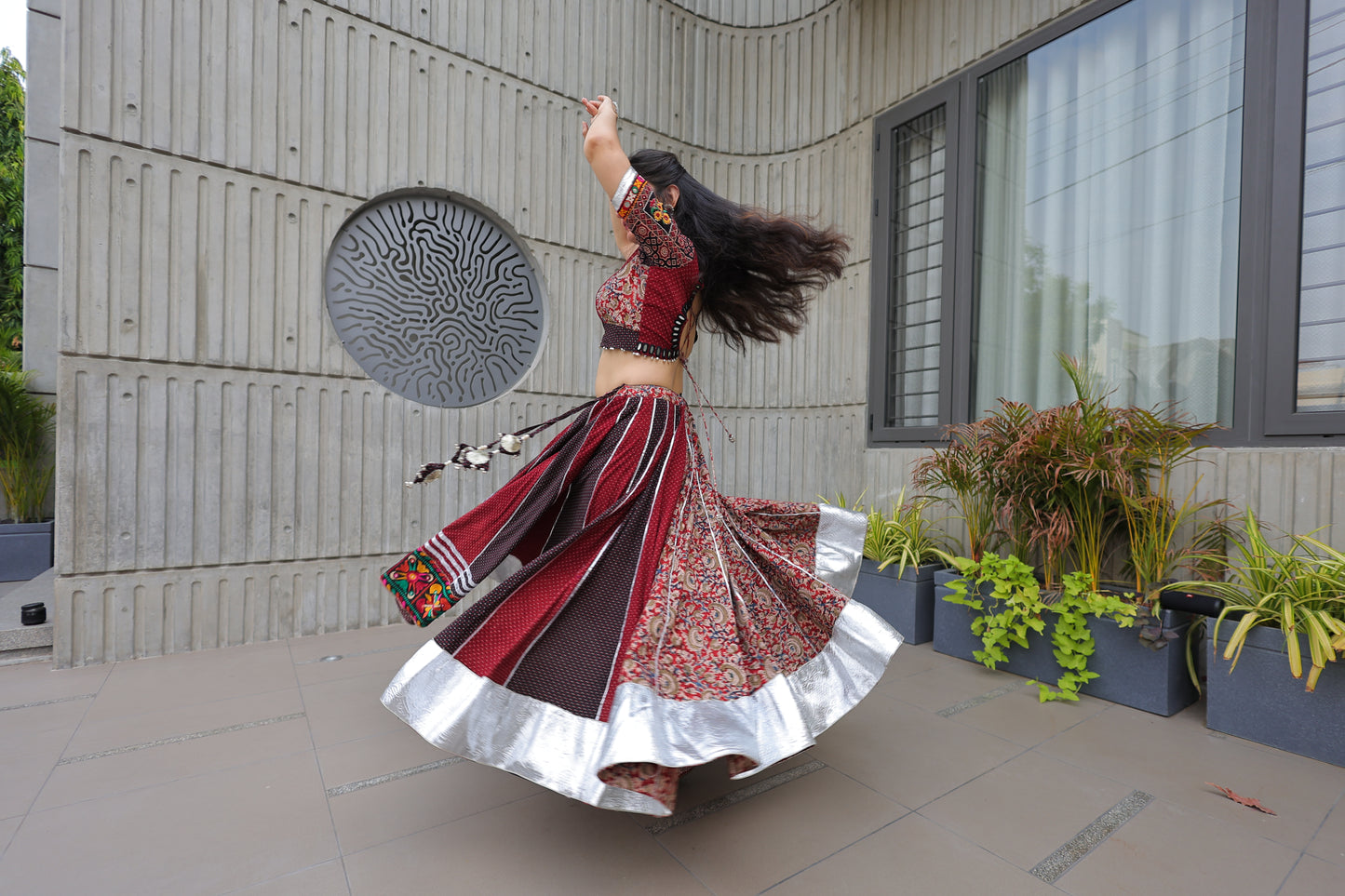 Best Beautiful Traditional, Chanyiya choli in red and maroon color with choli and lehenga in silver hemline