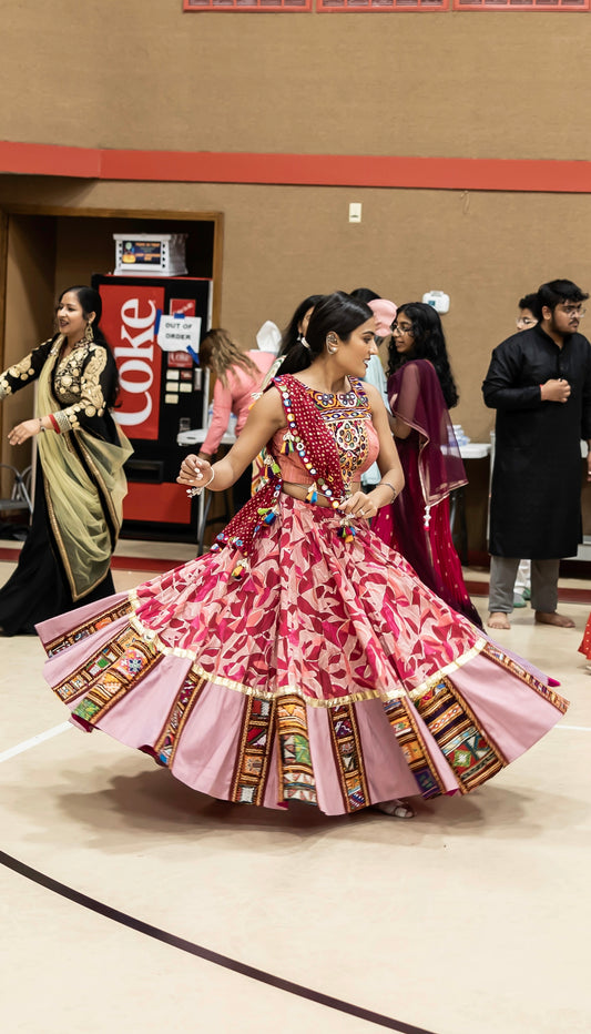 It’s pure cotton fabric, 15+m flair, Kutchi embroidery, pocket, mirror embroidery on dupatta, handmade tasselsHook closure, sleeveless. Blouse size 36