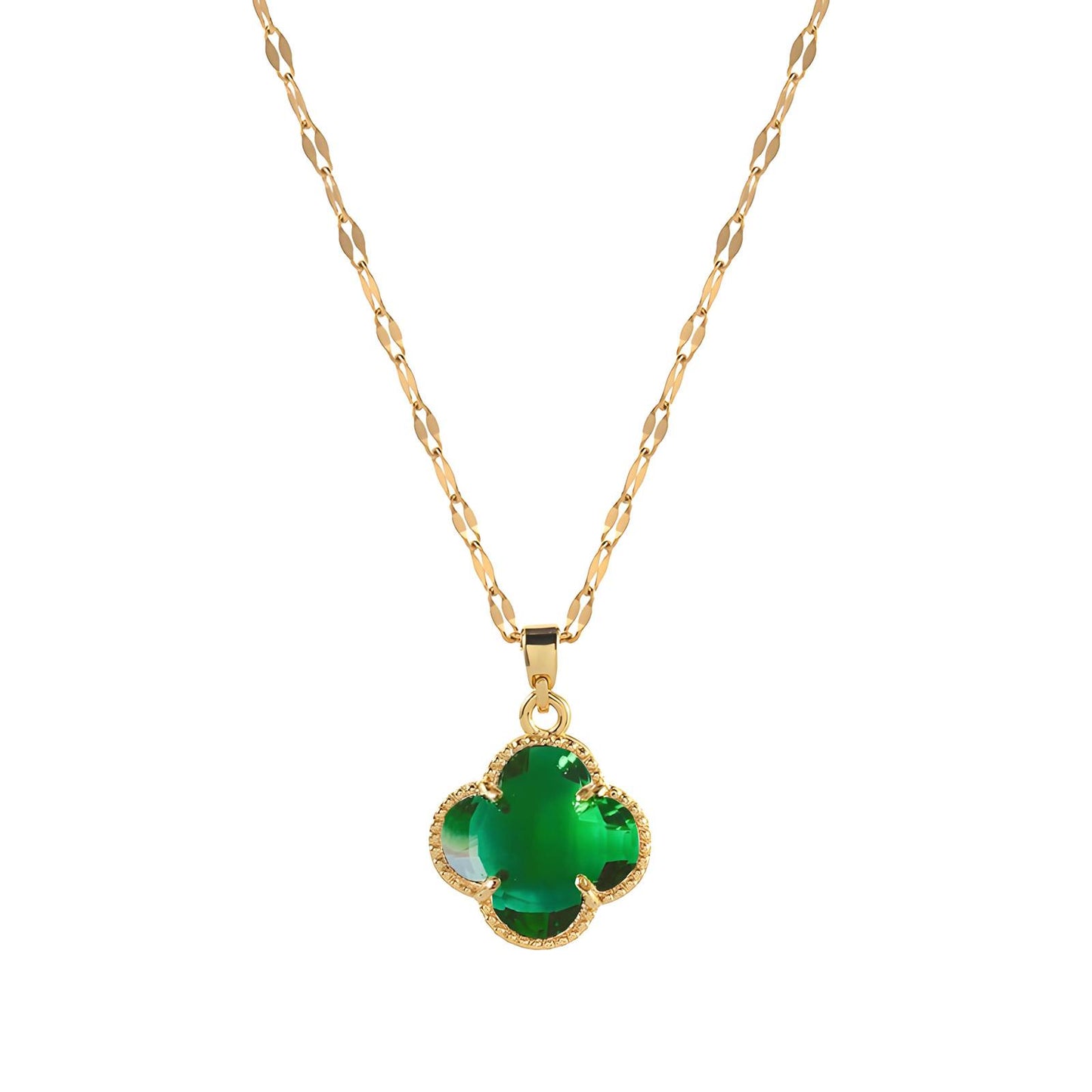 Anti Tarnish Waterproof Daily Wear 18K Gold Triple Plated Premium Quality Stainless Steel Green Gemstone clover Pendant
