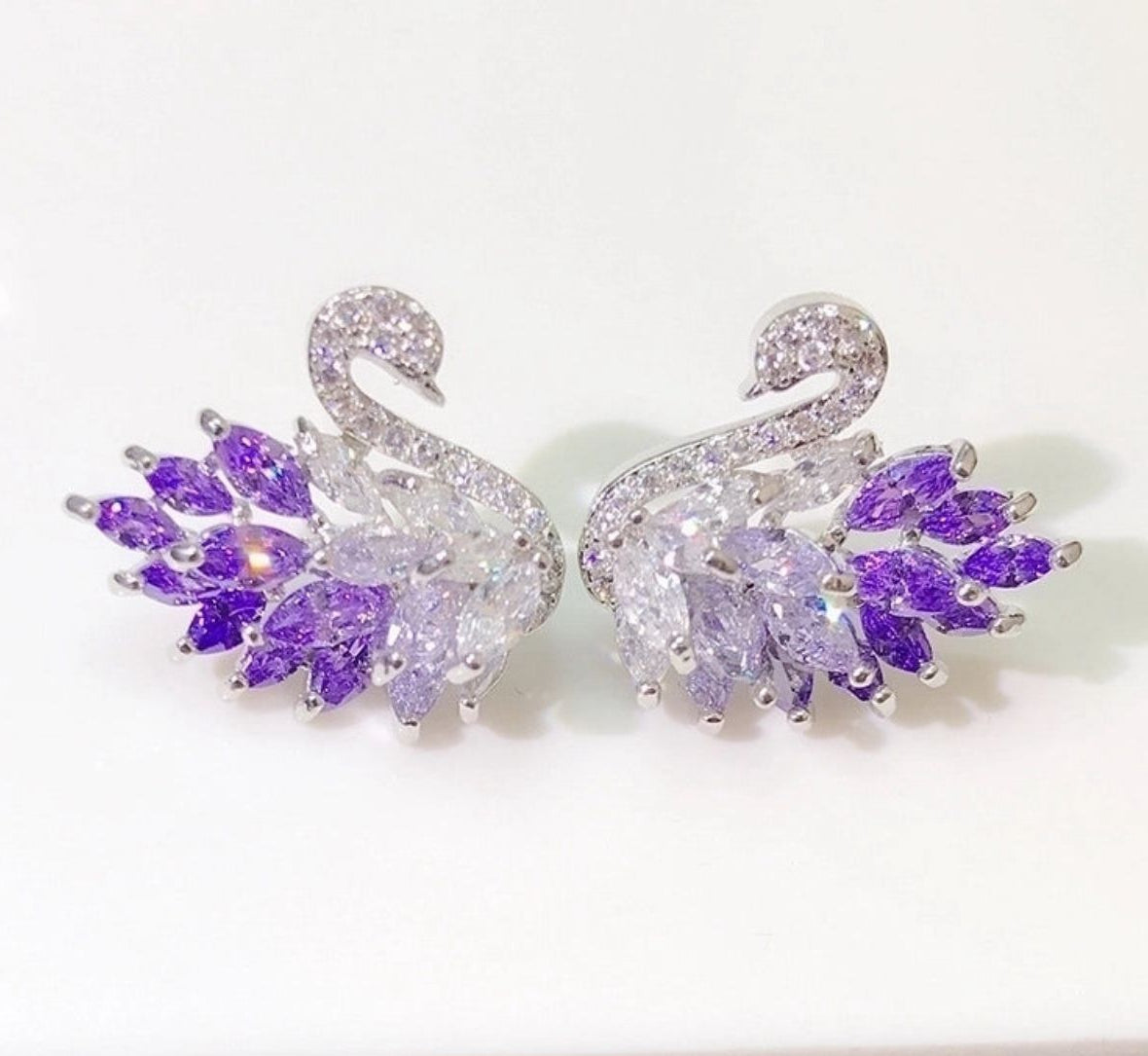 " Beautiful SWAN stud earrings made from cubic zirconia stone purple color- bridal jewelery-statment earrings "