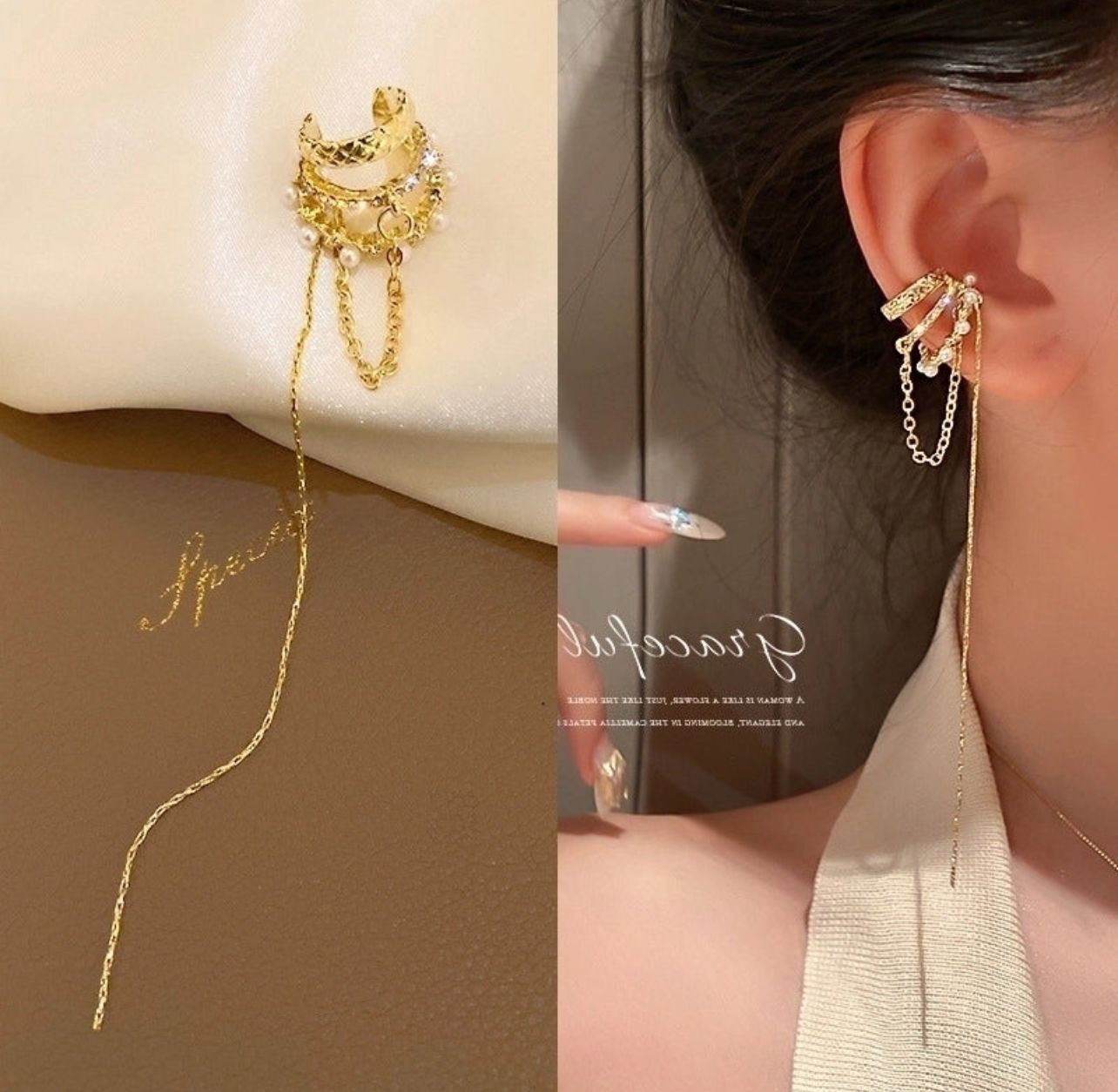 Gold Crescent Moon Ear Cuff with Pearls & Chain