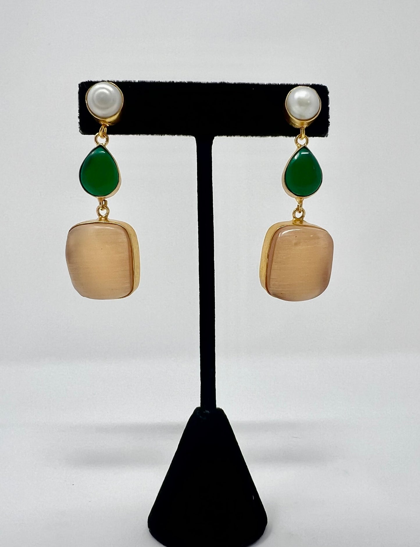 Jaipur Collection |Natural Stone & Pearl Three Drop Earrings.
