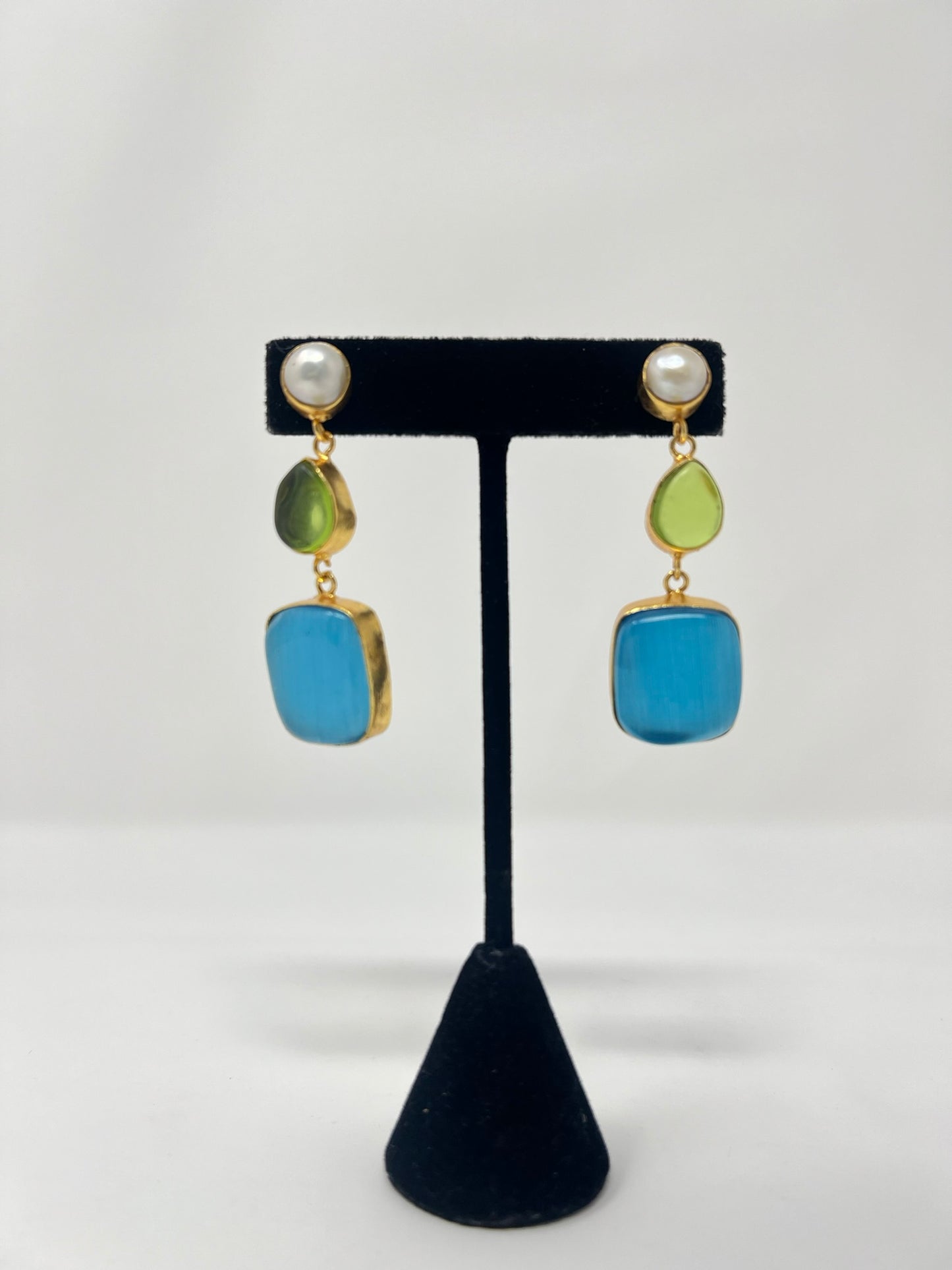 Jaipur Collection |Natural Stone & Pearl Three Drop Earrings.
