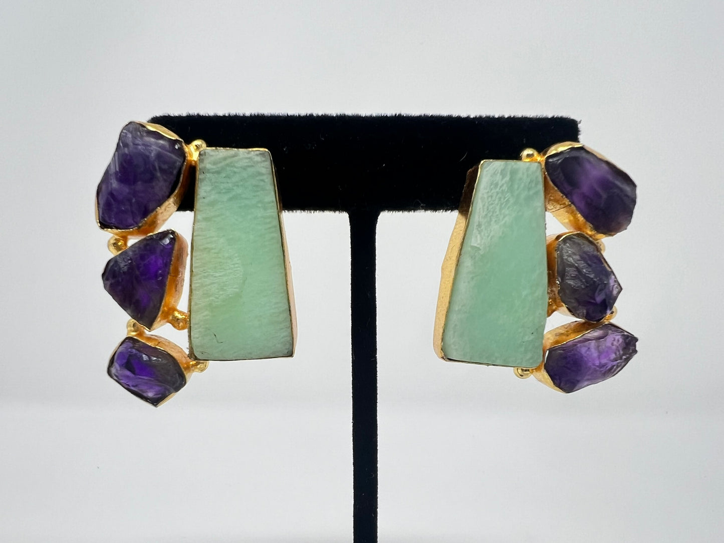 Sea Green Earrings with Purple natural sone. Adjustable .