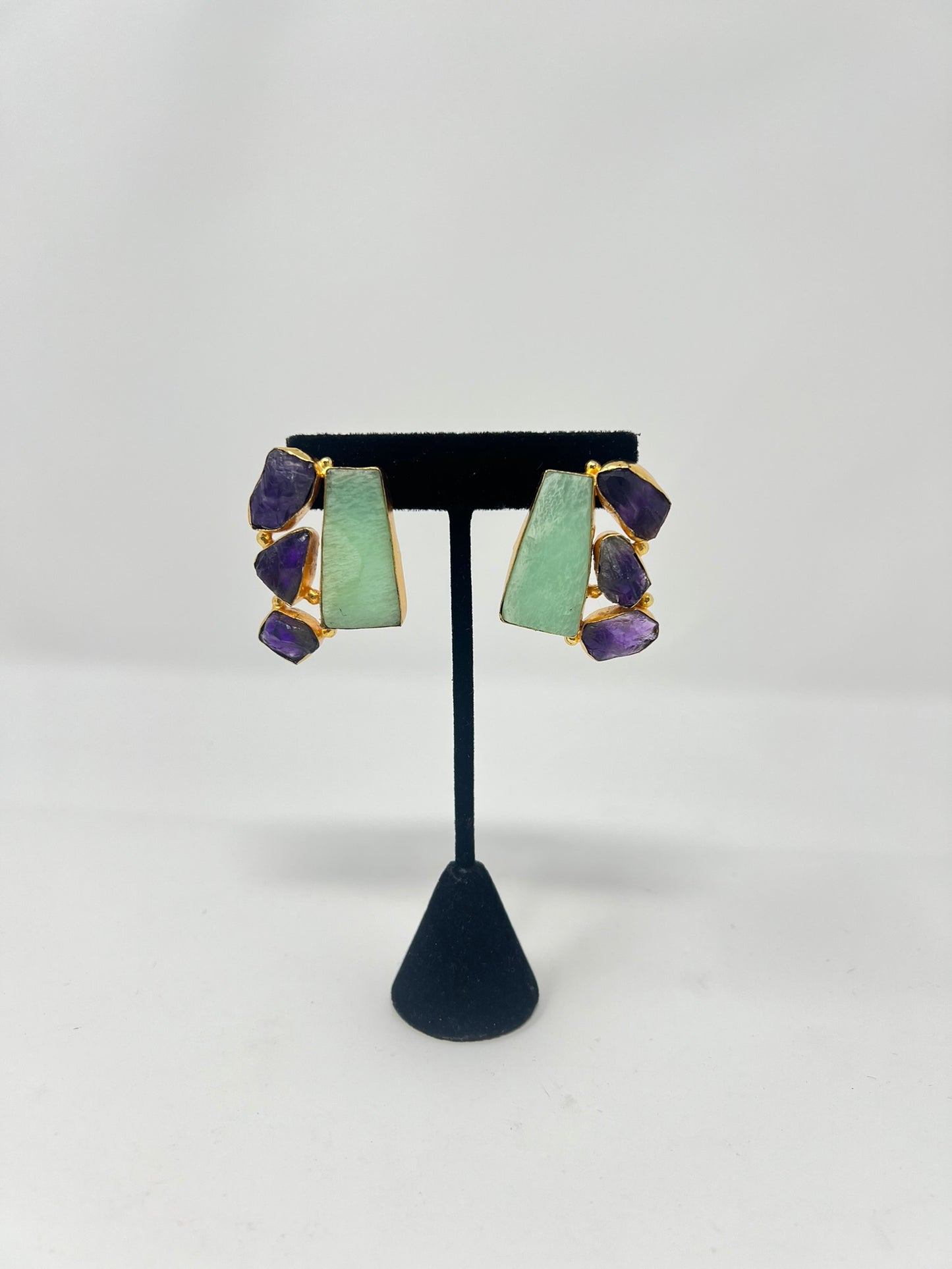 Sea Green Earrings with Purple natural sone. Adjustable .