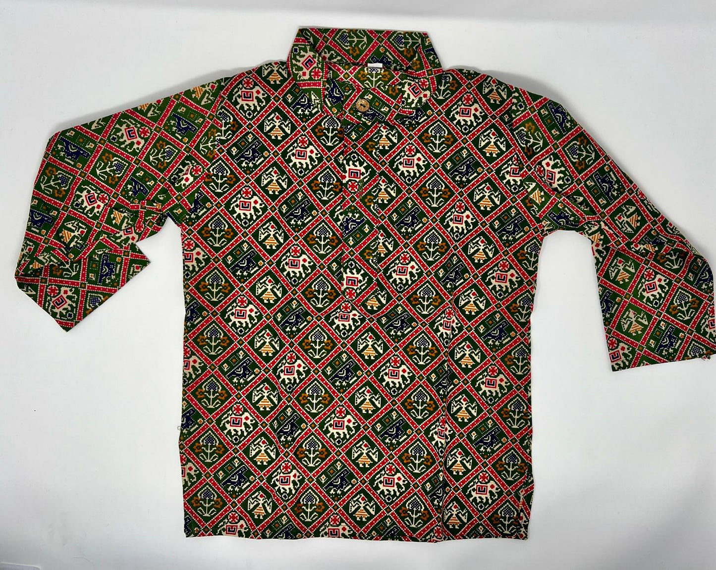 This is a traditional Brown embroidered Kurta featuring intricate and vibrant designs, typically associated with cultural or folkloric attire.
The Kurta is adorned with colorful Animal and Geometric Patterns all over it.