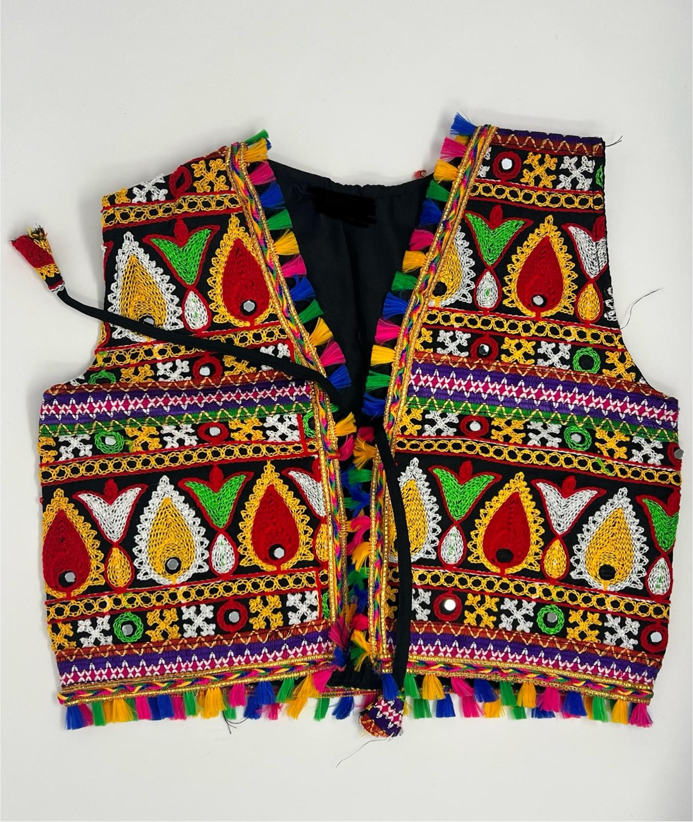 This is a traditional embroidered vest featuring intricate and vibrant designs, typically associated with cultural or folkloric attire.