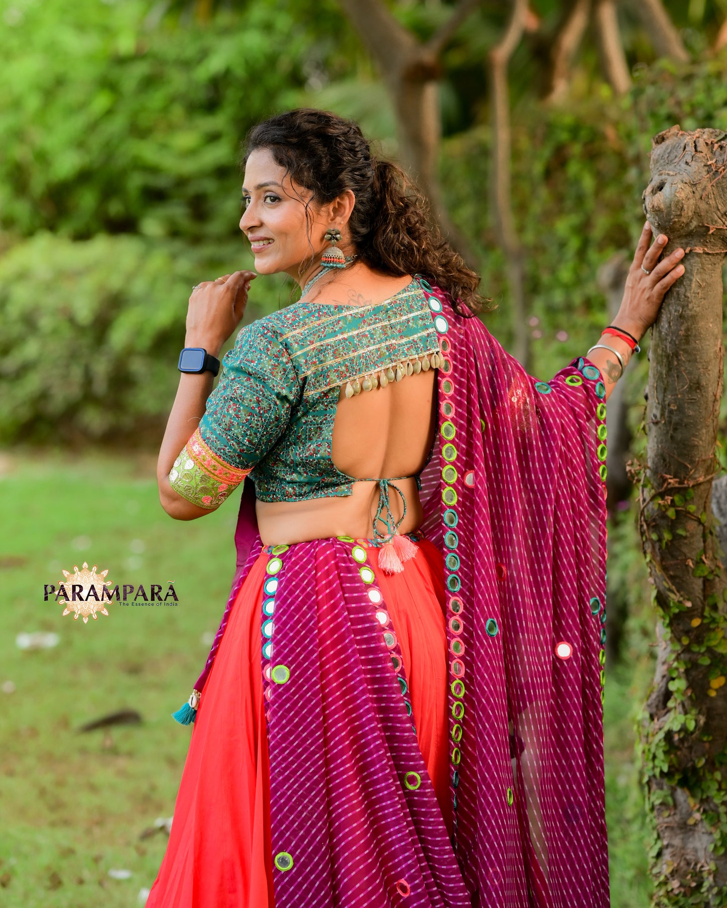 Chaniya Choli with Red chaniya and Magenta and Rama print Border.