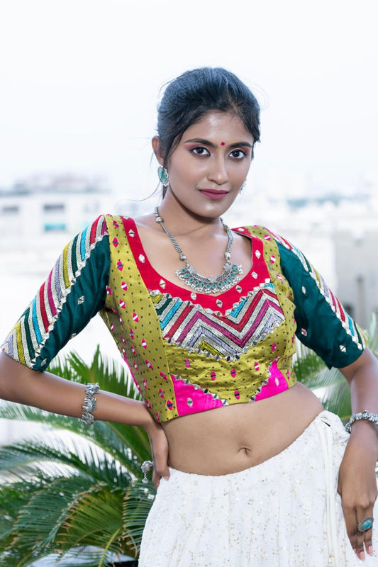 White Choli with Green Multicolor blouse.
