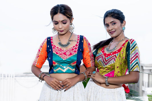 White Choli with Blue Multicolor blouse.