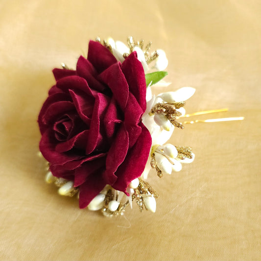 Burgundy Rose & Gold Hair Pin