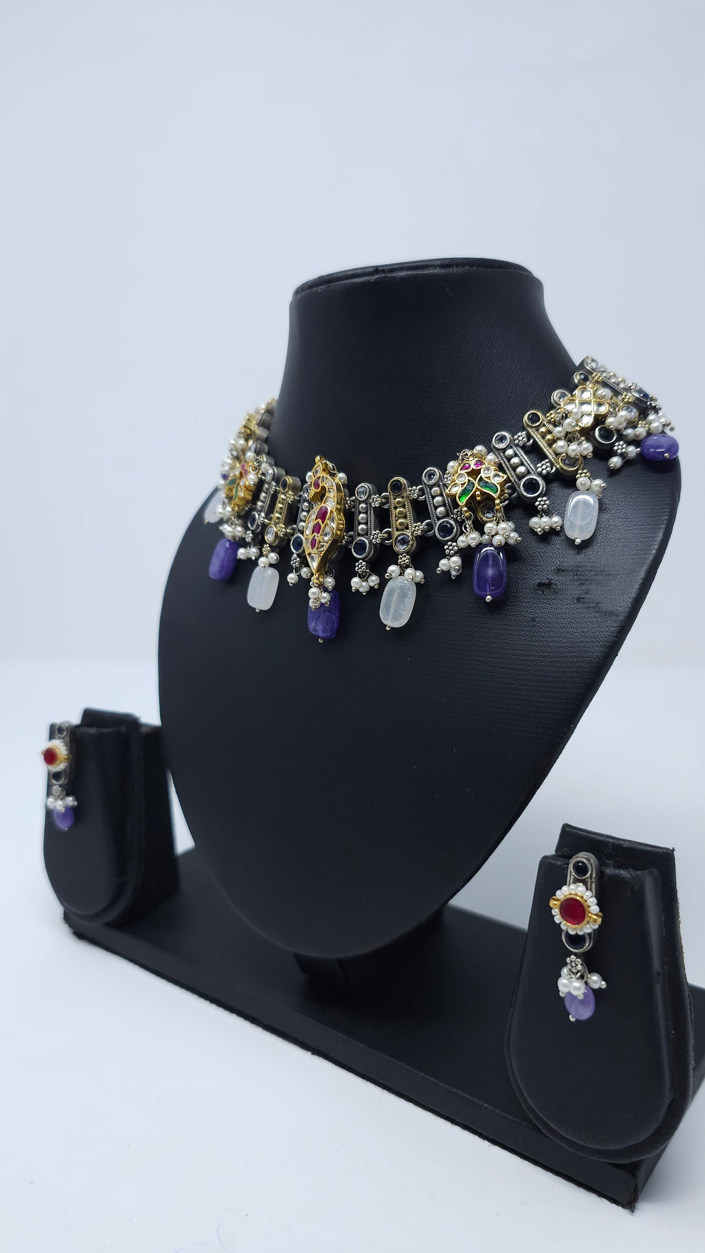 Multicolor Gemstone & Enamel Peacock Choker Set