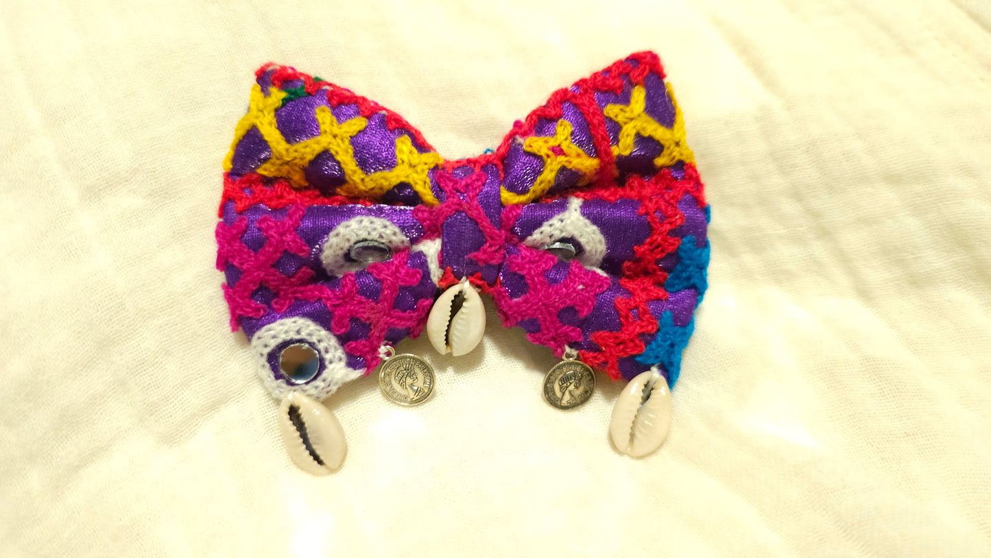 Vibrant Kutchi Embroidered Bow Hair Clip with Cowrie Shells & Coins