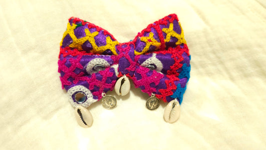 Vibrant Kutchi Embroidered Bow Hair Clip with Cowrie Shells & Coins
