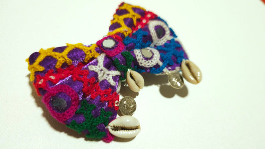 Vibrant Kutchi Embroidered Bow Hair Clip with Cowrie Shells & Coins