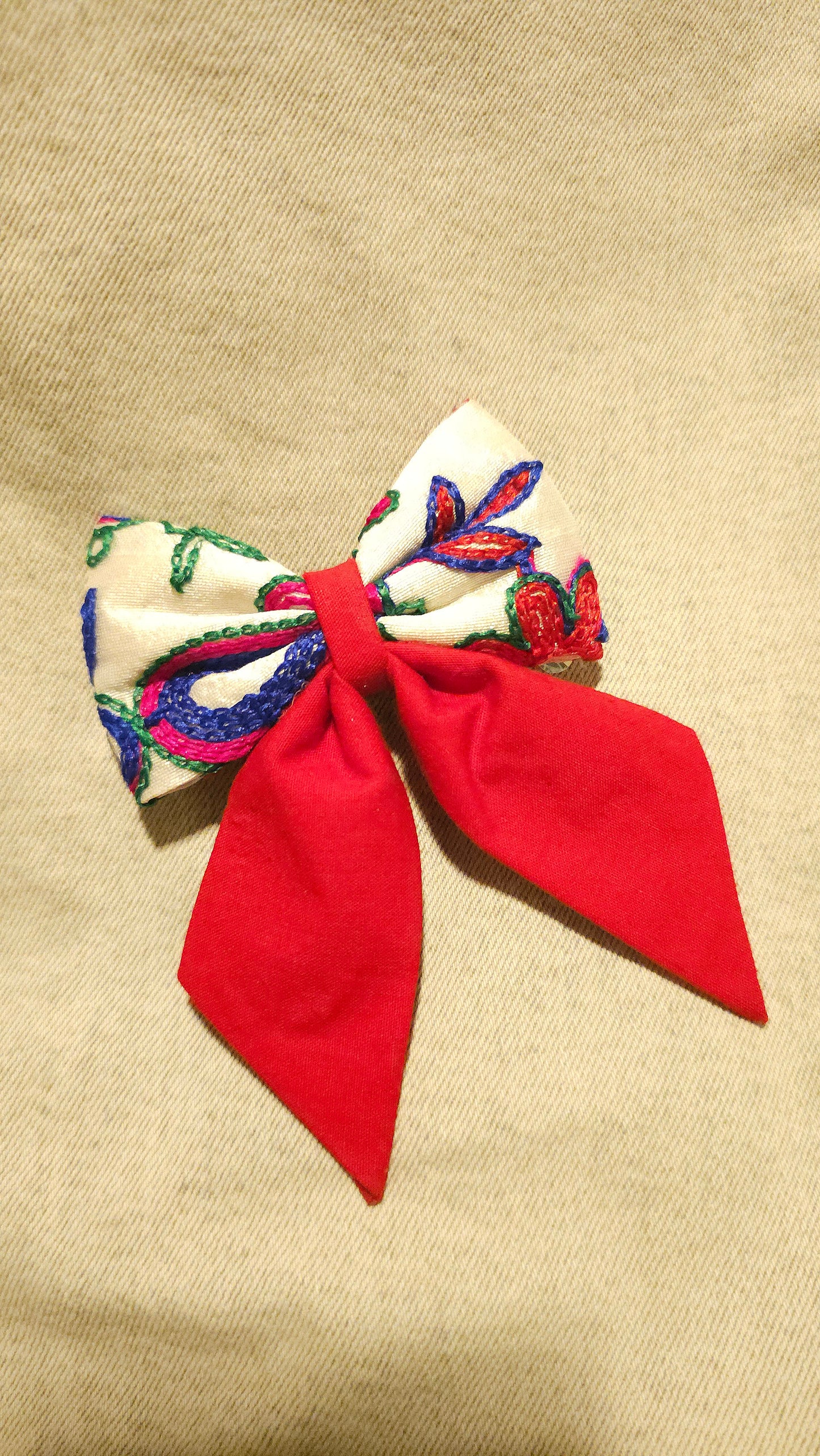 Ivory & Red Embroidered Bow Hair Clip