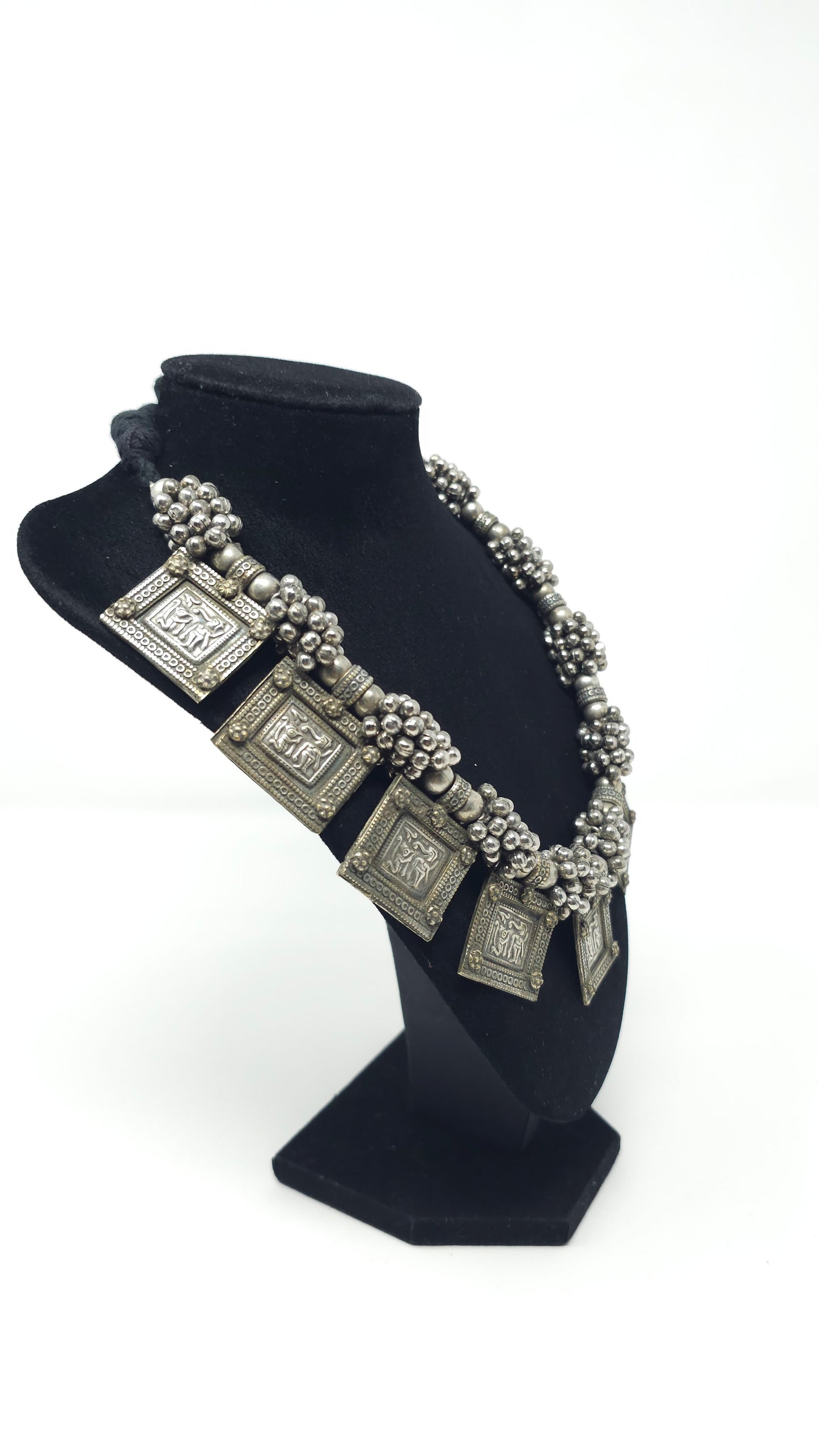 Oxidized Silver Temple Necklace with Engraved Panels