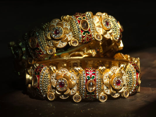 Red Enamel Floral Statement Bangles (Set of 2)