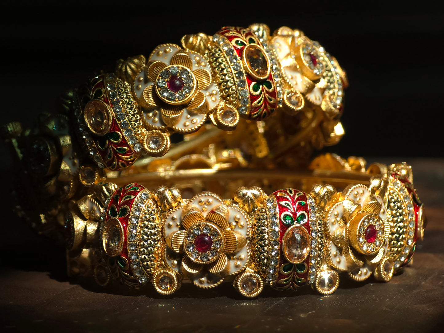 Red Enamel Floral Statement Bangles (Set of 2)