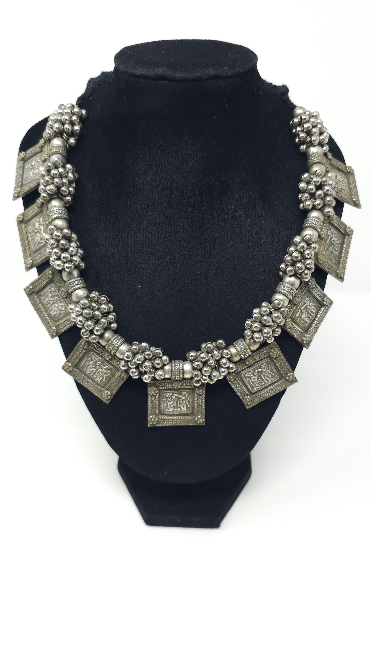Oxidized Silver Temple Necklace with Engraved Panels