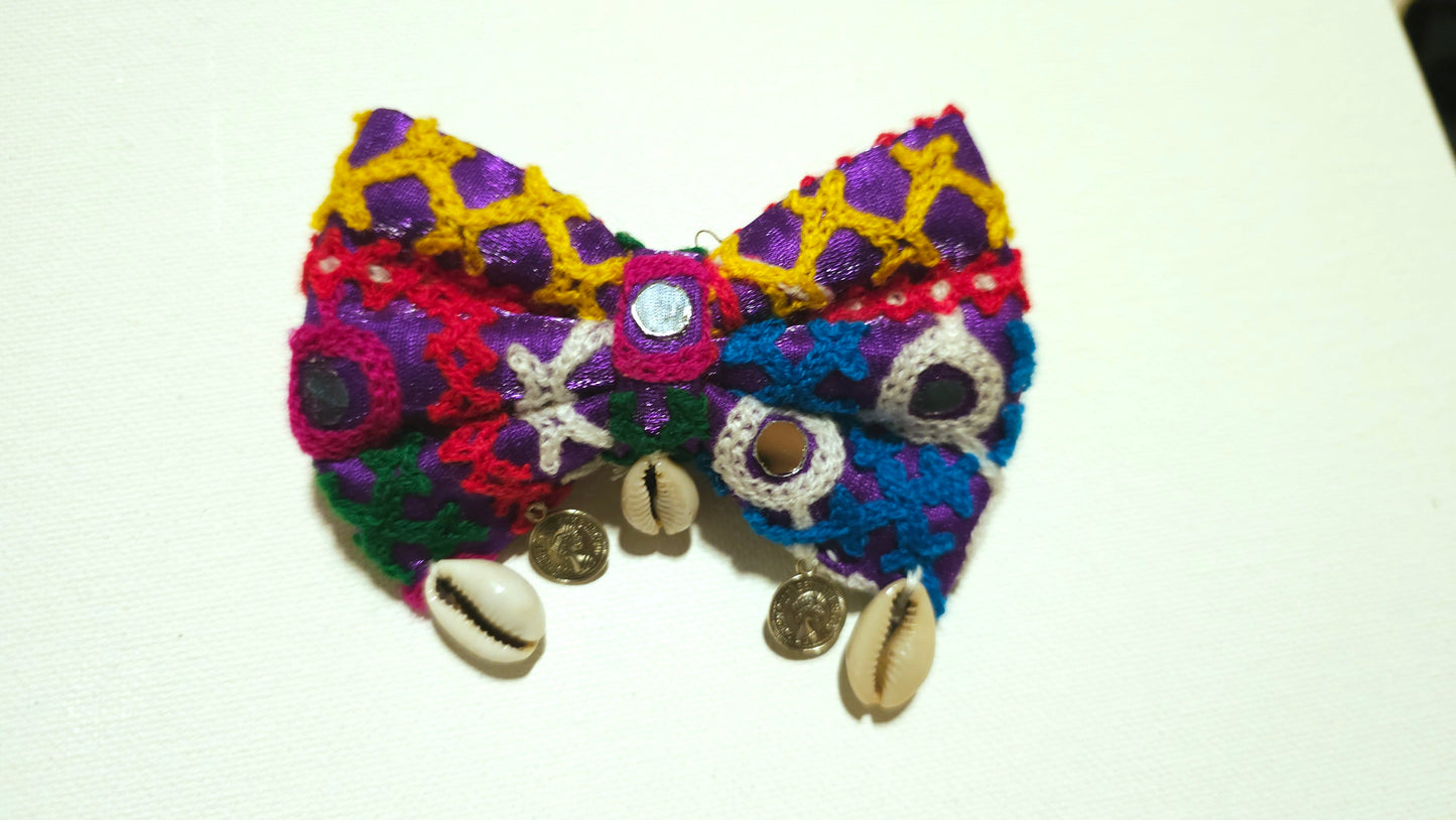 Vibrant Kutchi Embroidered Bow Hair Clip with Cowrie Shells & Coins