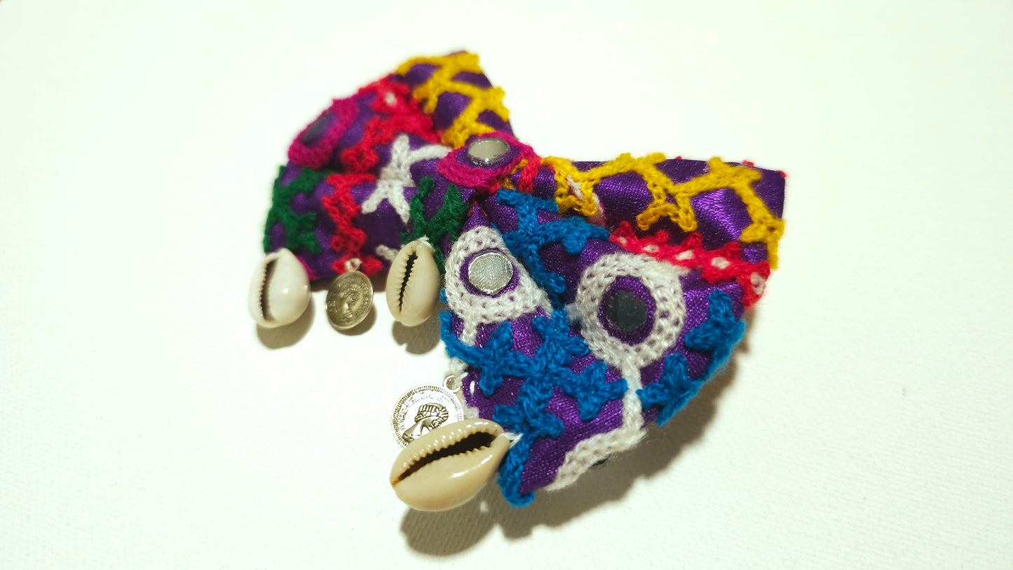 Vibrant Kutchi Embroidered Bow Hair Clip with Cowrie Shells & Coins
