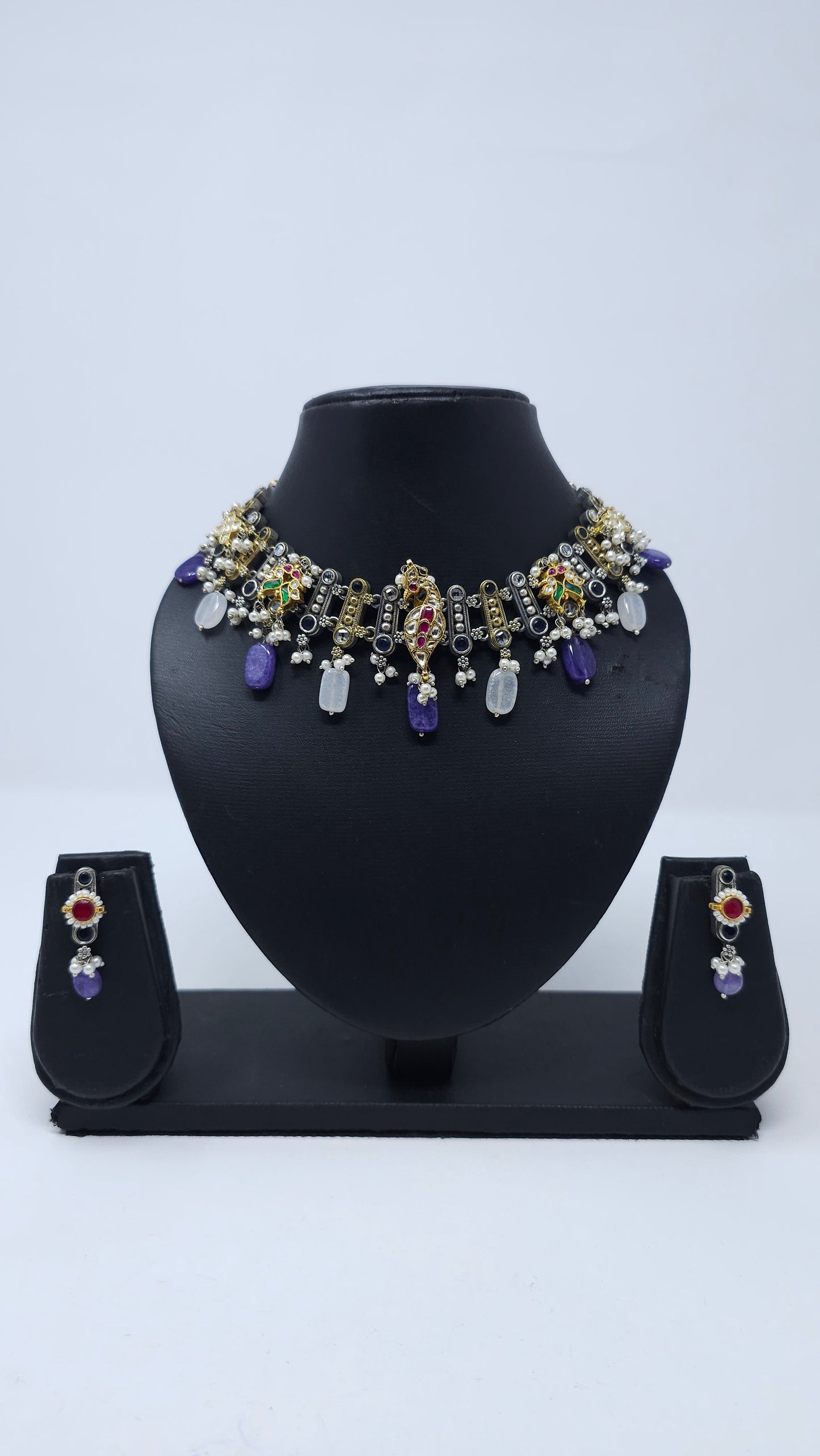 Multicolor Gemstone & Enamel Peacock Choker Set