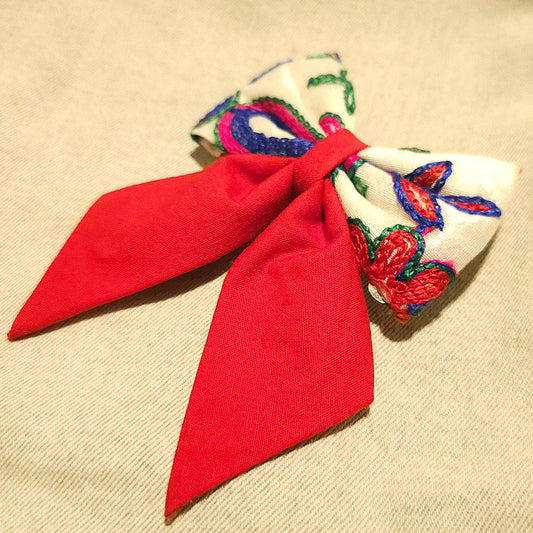 Ivory & Red Embroidered Bow Hair Clip