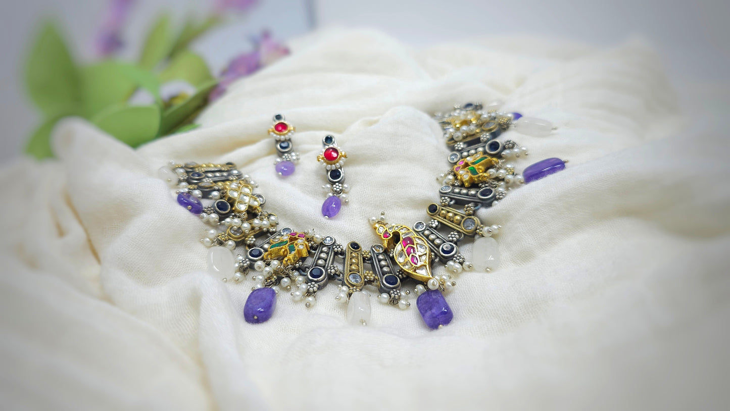 Multicolor Gemstone & Enamel Peacock Choker Set