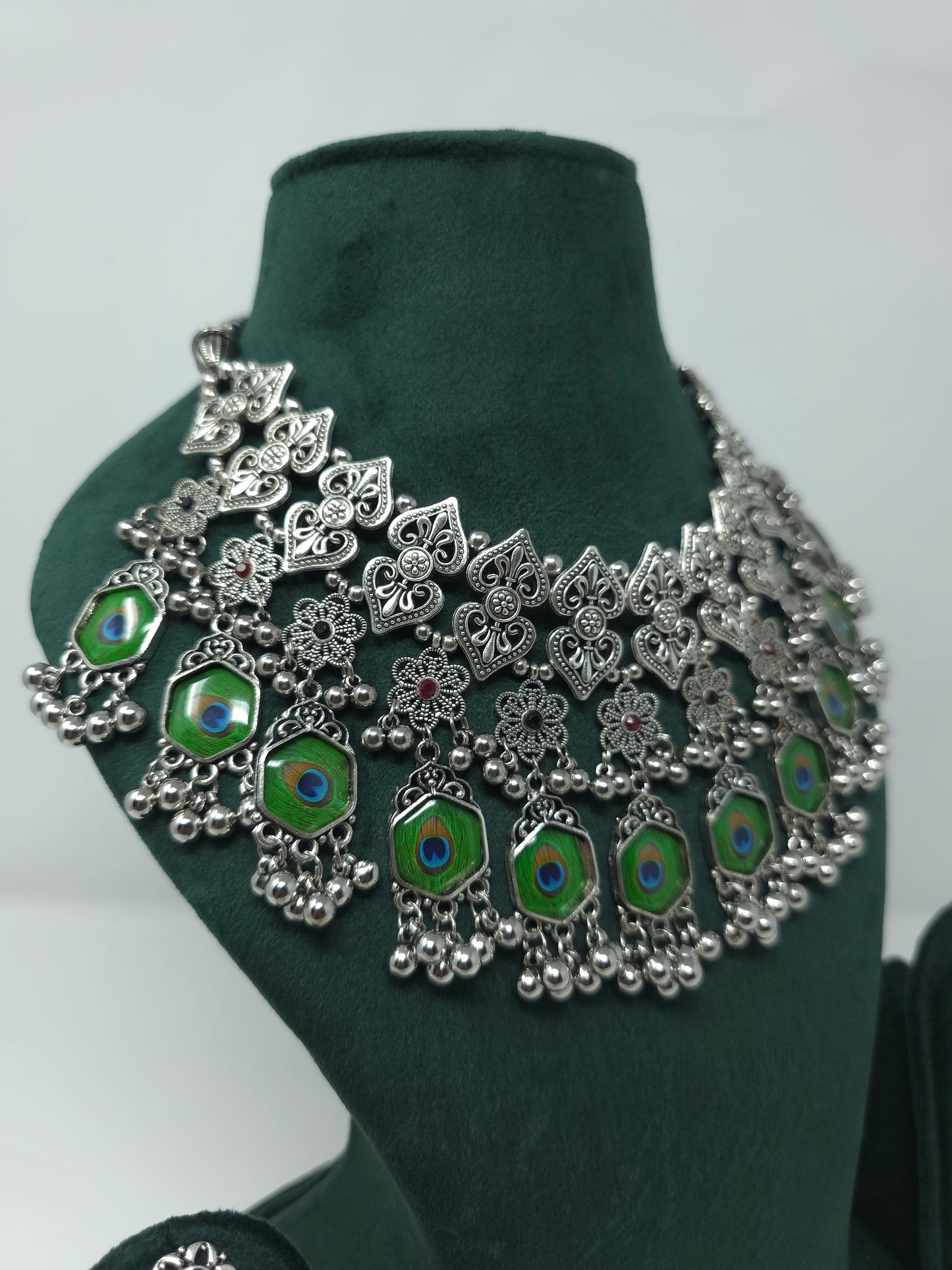 Peacock Motif Oxidized Silver Necklace Set
