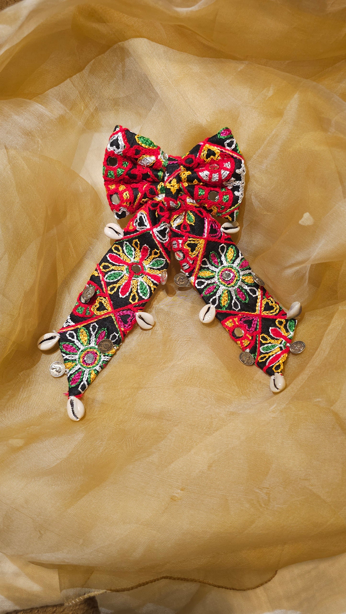 Kutch Mirrorwork Bow Hair Clip with Cowrie Shells