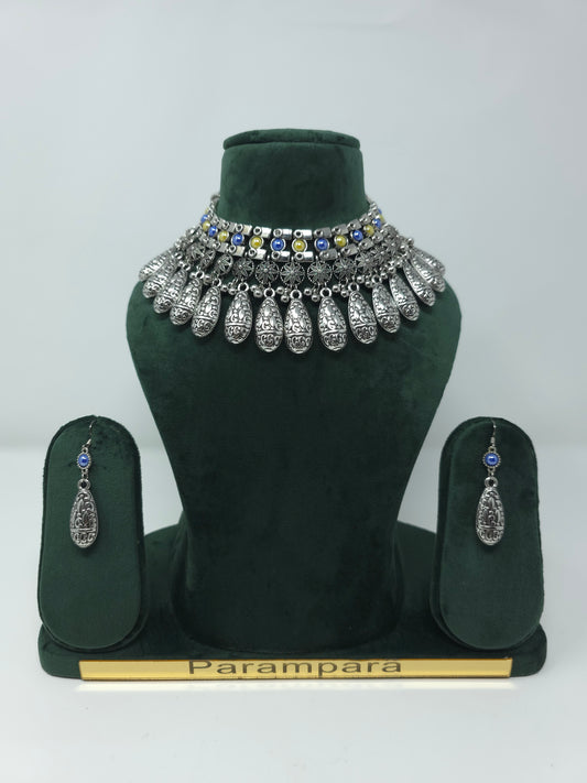 Oxidized Silver Teardrop Necklace Set with Multicolor Beads