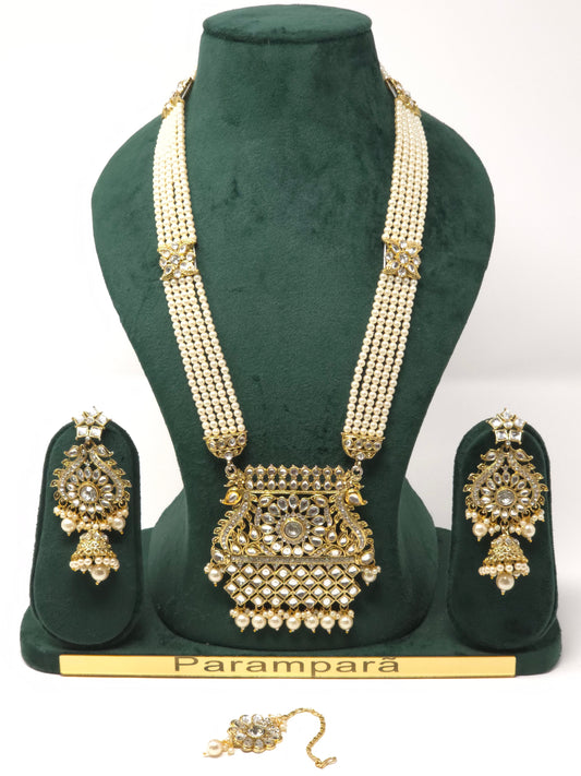 Kundan Pearl Choker Necklace Set with White Stones | Set of 4