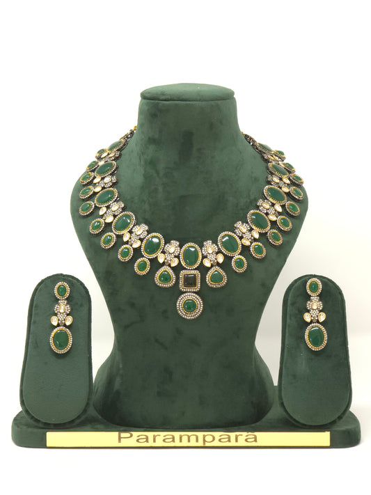 Emerald Statement Necklace Set (Necklace, Earrings, Maangtikka)