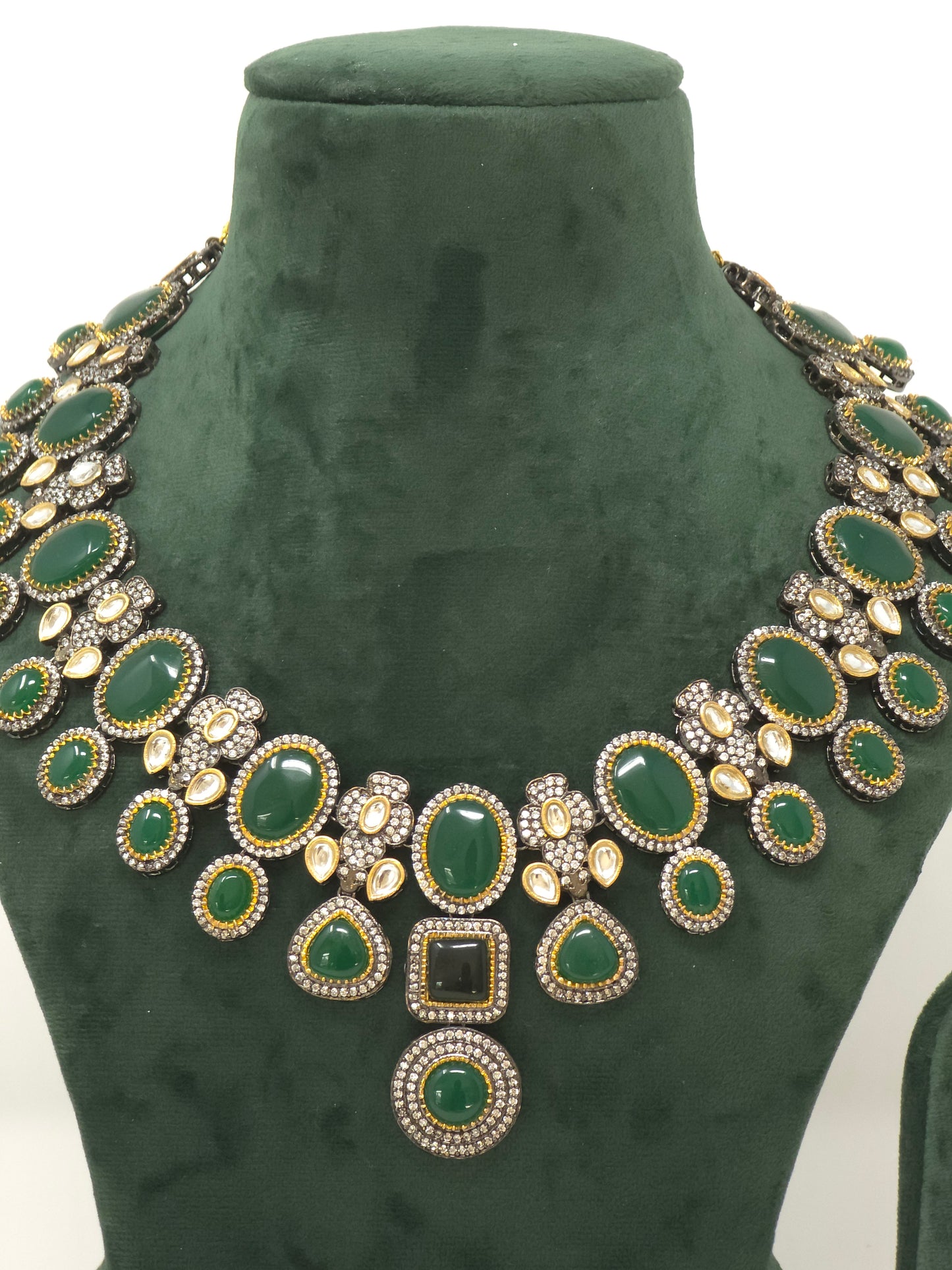 Emerald Statement Necklace Set (Necklace, Earrings, Maangtikka)