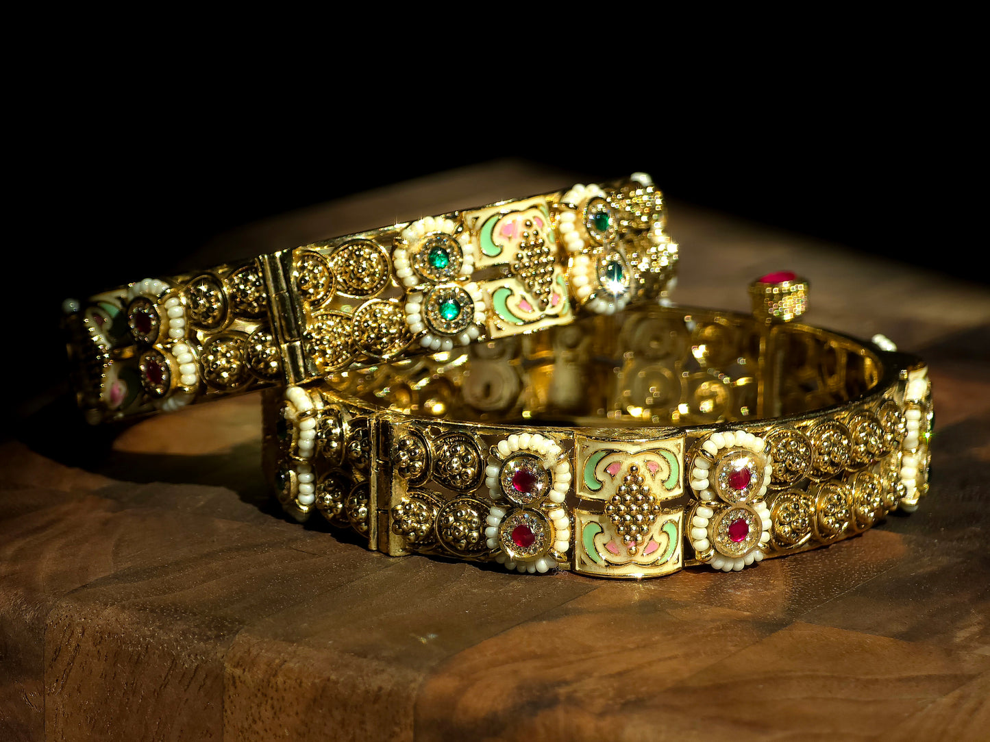 Golden Enamel Floral Kundan Bangles (Set of 2)