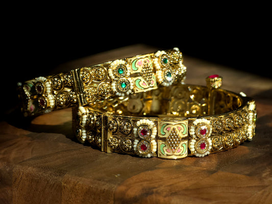 Golden Enamel Floral Kundan Bangles (Set of 2)