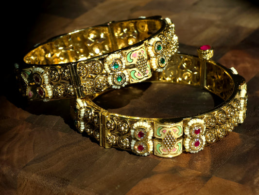 Golden Enamel Floral Kundan Bangles (Set of 2)
