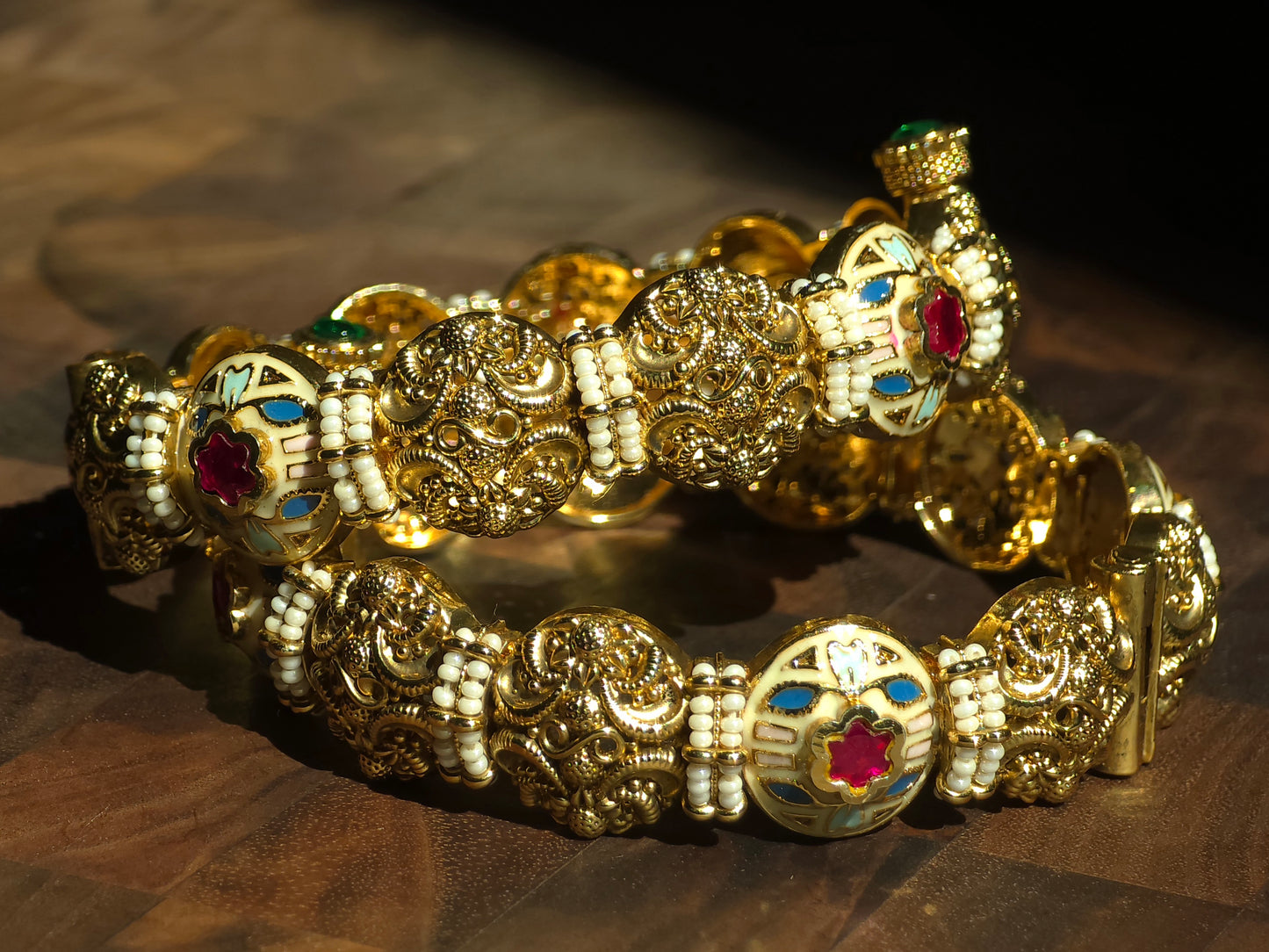 Enamel Floral Kundan & Pearl Bangles (Set of 2)